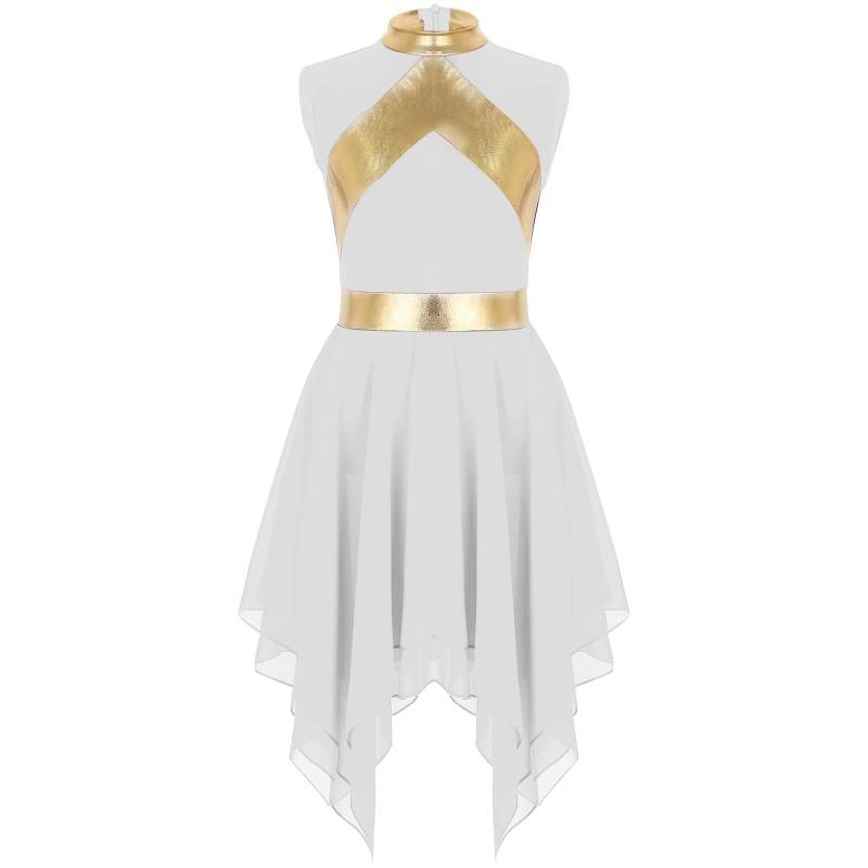 Kinder Mädchen Modernes Liturgisches Kleid Metallic Stoff Ärmellos Asymmetrisches Tanzkleid 9-10 Years weiß von Joom DACH