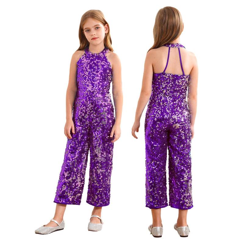 Kinder Mädchen Neckholder Glänzende Pailletten Jazz Latein Tanz Overall Ärmellos Hohe Taille Festzug Strampler Lange Hose 11-12 Years violett von Joom DACH