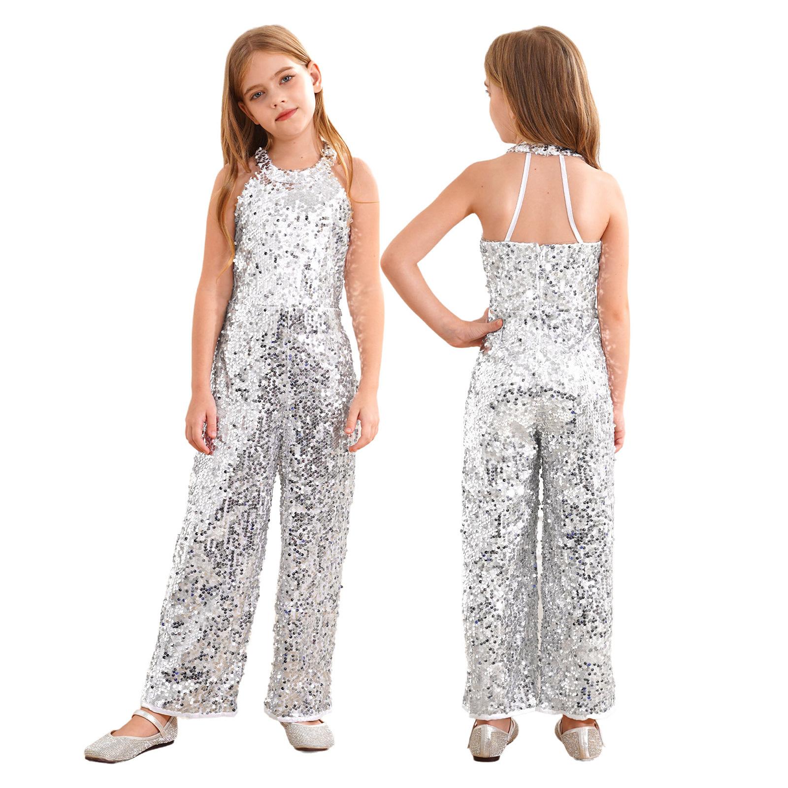 Kinder Mädchen Neckholder Glänzende Pailletten Jazz Latein Tanz Overall Ärmellos Hohe Taille Festzug Strampler Lange Hose 11-12 Years silber von Joom DACH