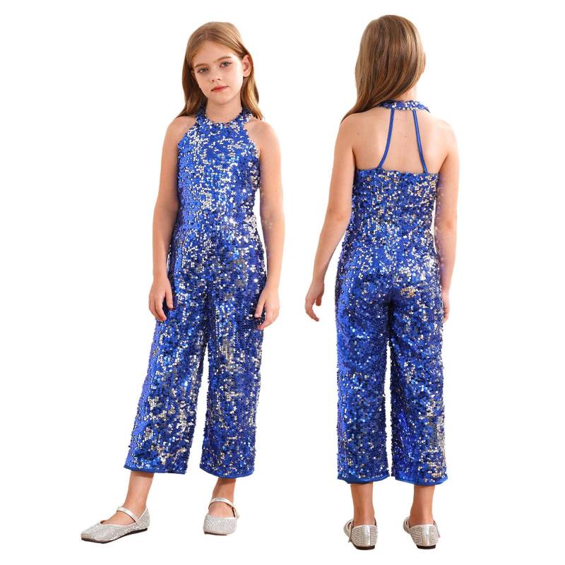 Kinder Mädchen Neckholder Glänzende Pailletten Jazz Latein Tanz Overall Ärmellos Hohe Taille Festzug Strampler Lange Hose 5-6 Years königsblau von Joom DACH