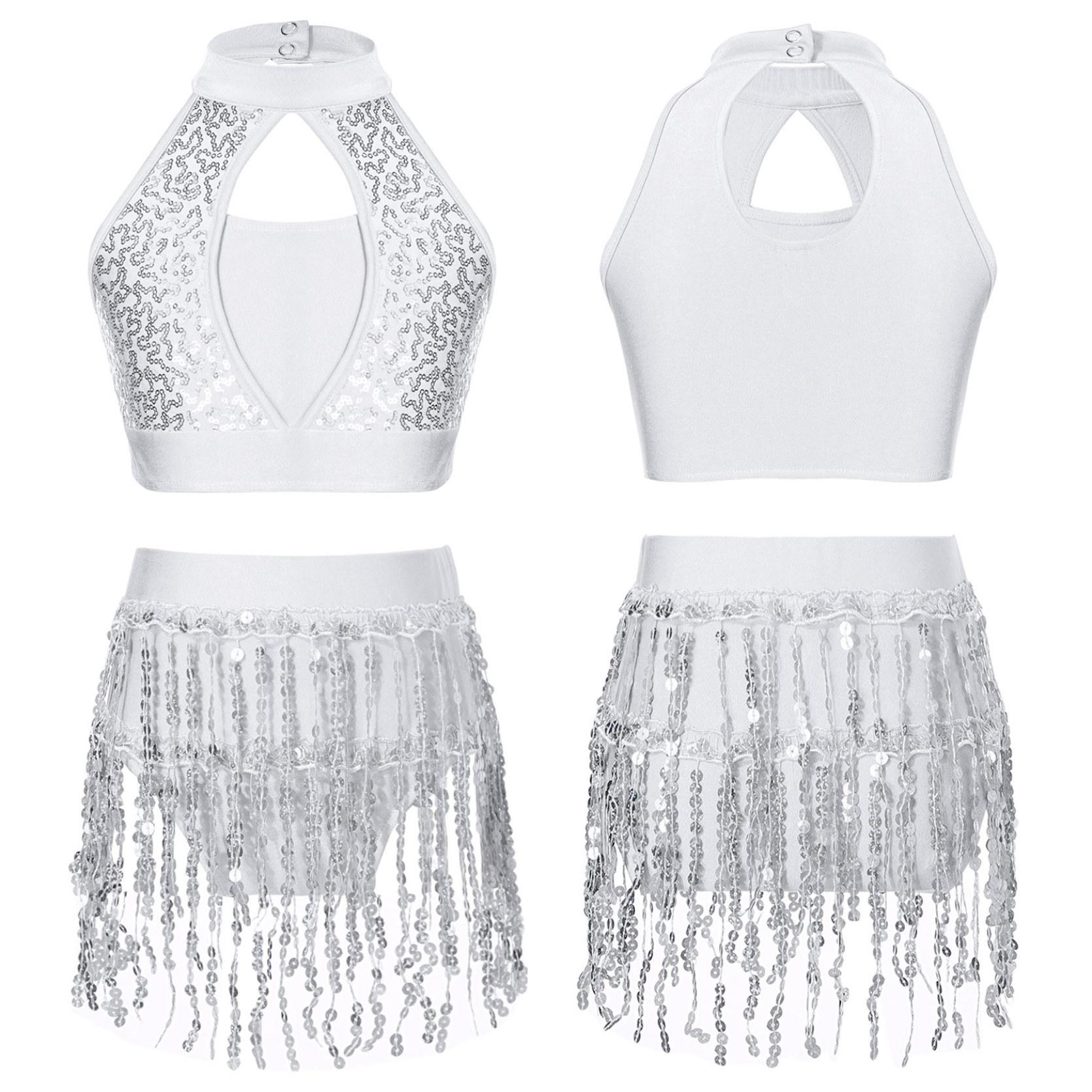 Kinder Mädchen Pailletten Crop Top mit Rock Set Jazz Latin Dance Outfits 2 Stück Performance Kostüm Tanzbekleidung 9-10 Years weiß von Joom DACH