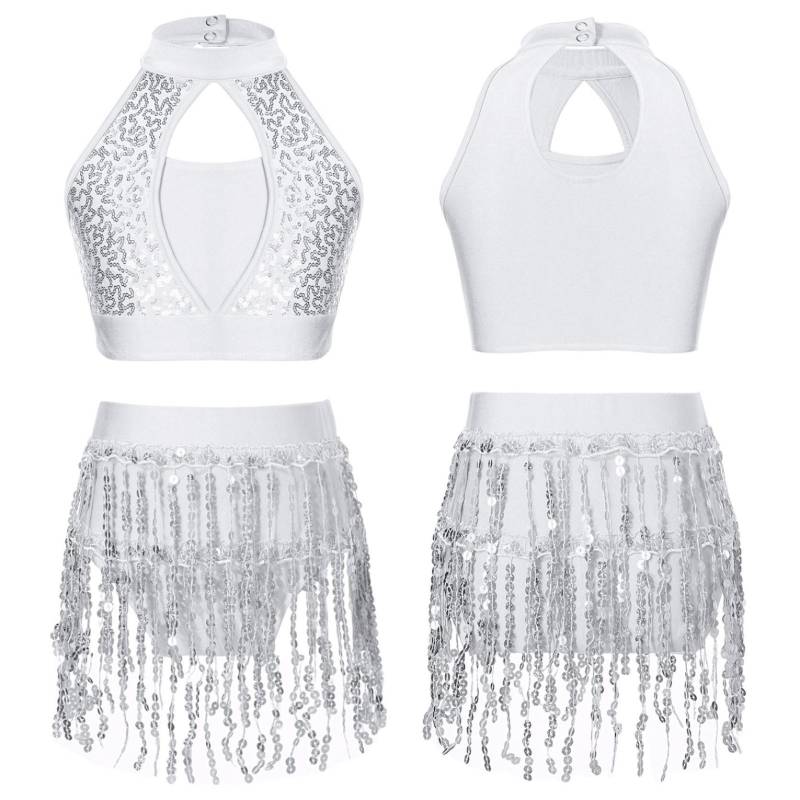 Kinder Mädchen Pailletten Crop Top mit Rock Set Jazz Latin Dance Outfits 2 Stück Performance Kostüm Tanzbekleidung 9-10 Years weiß von Joom DACH