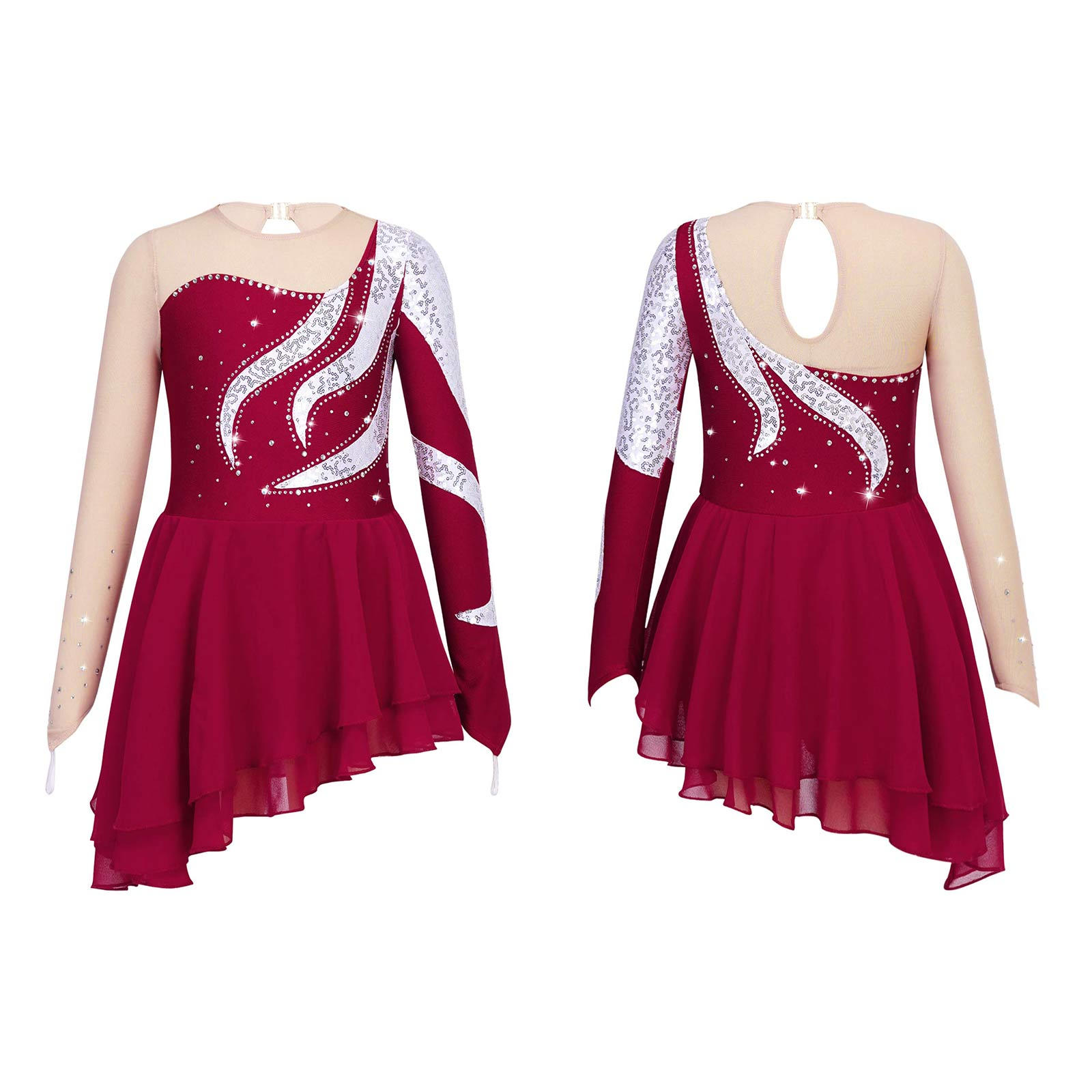 Kinder Mädchen Pailletten Dekor Langarm Tanzkleid Eiskunstlauf Gymnastik Performance Kleid 13-14 Years bordeaux von Joom DACH