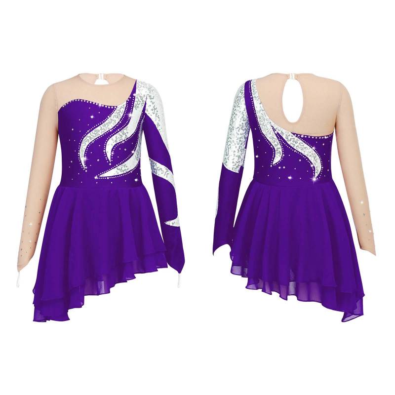 Kinder Mädchen Pailletten Dekor Langarm Tanzkleid Eiskunstlauf Gymnastik Performance Kleid 9-10 Years violett von Joom DACH