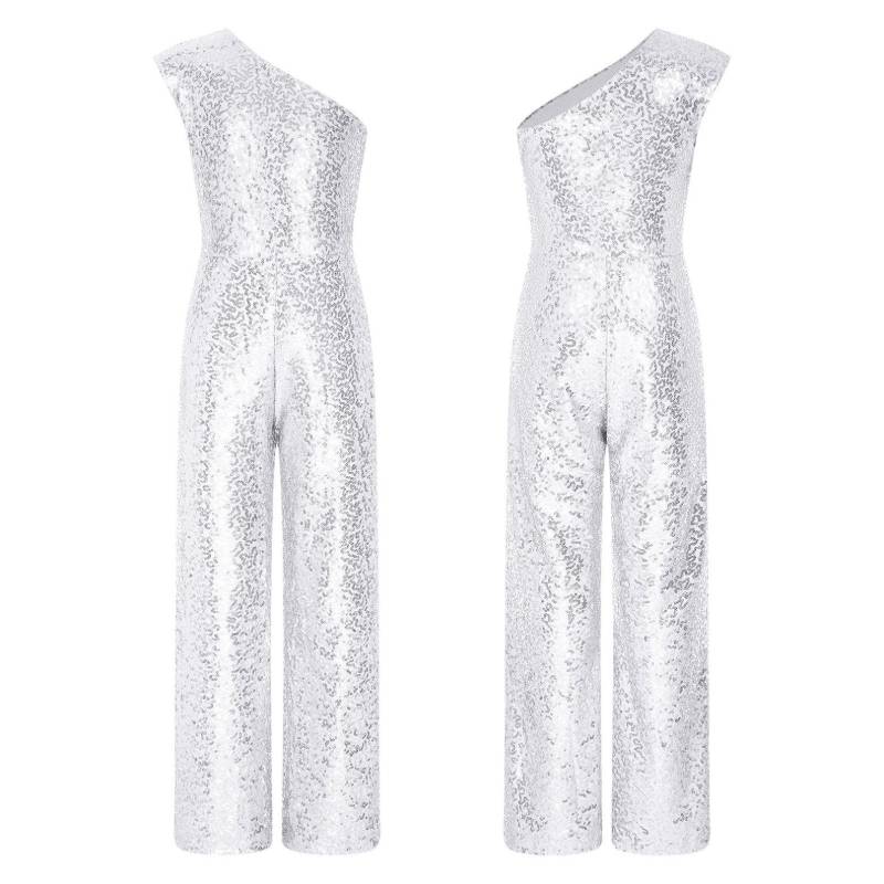 Kinder Mädchen Pailletten Ein-Schulter-Bodysuit Strampler Ärmellos Hohe Taille Hosen Einteiliger Overall 13-14 Years silber von Joom DACH