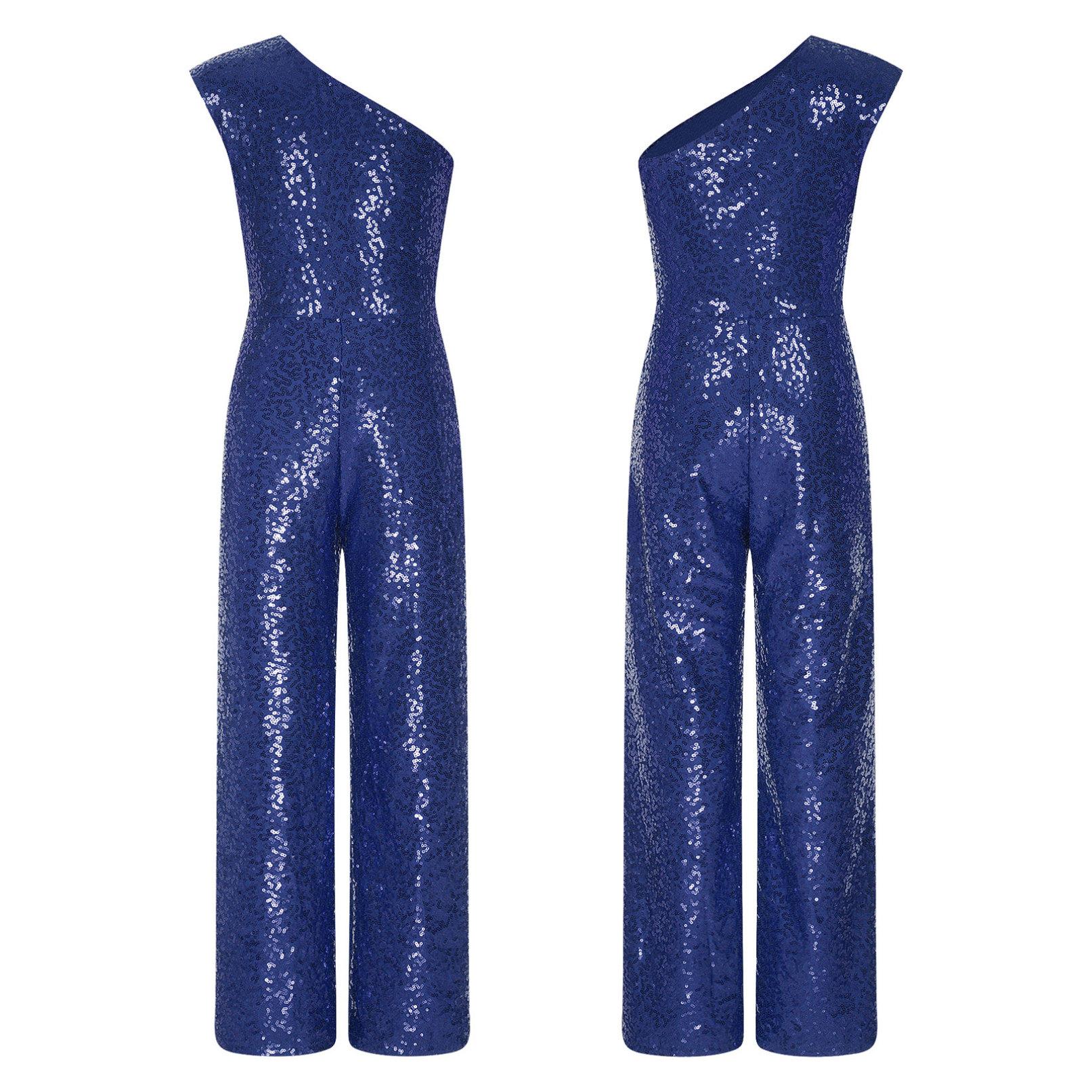 Kinder Mädchen Pailletten Ein-Schulter-Bodysuit Strampler Ärmellos Hohe Taille Hosen Einteiliger Overall 7-8 Years navy blau von Joom DACH