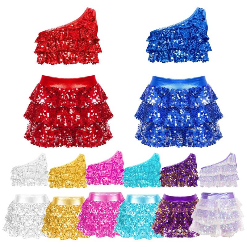Kinder Mädchen Pailletten Metallic Crop Top mit Rock Set Jazz Latin Dance Outfits 2 Stück Bühnenkostüm Tanzbekleidung 9-10 Years von Joom DACH