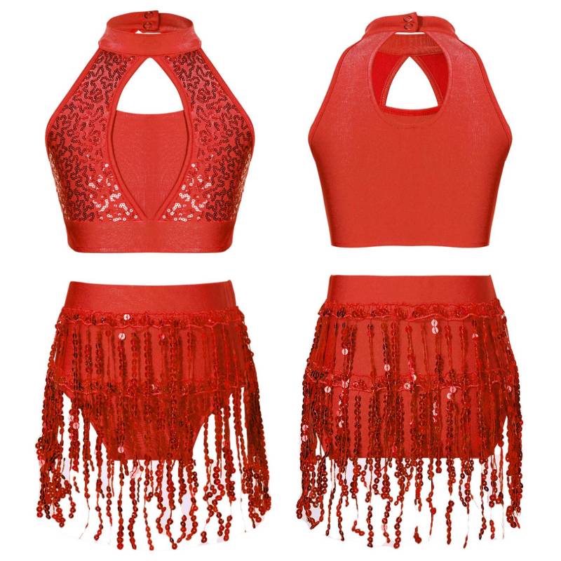 Kinder Mädchen Pailletten Tanz Outfit 2-teiliges Set Neckholder Crop Top mit Tutu Shorts Anzug für Jazz Latin Samba 13-14 Years rot von Joom DACH