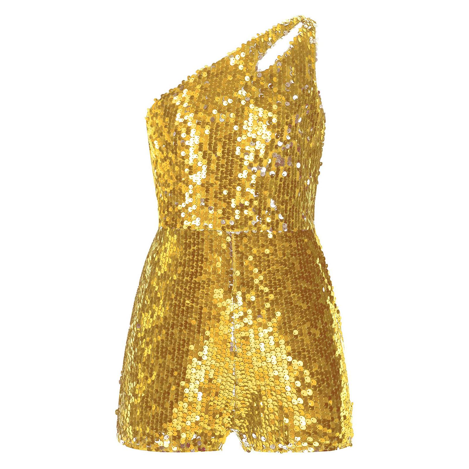 Kinder Mädchen Pailletten Tanz Strampler One Shoulder Ärmellose Shorts Outfit für Ballsaal Aufführungen 5-6 Years gold von Joom DACH