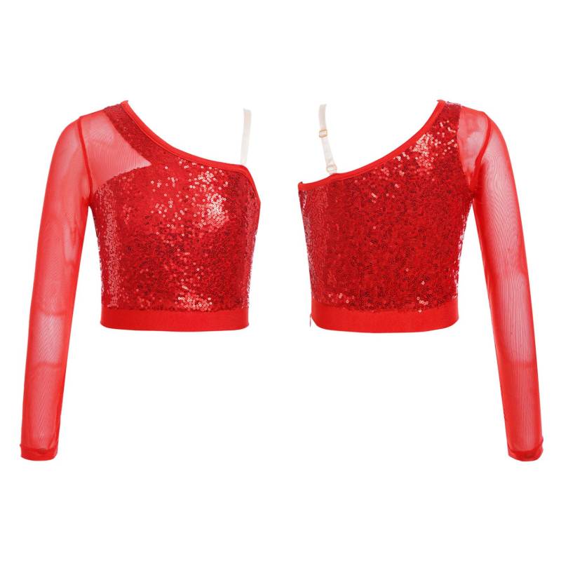 Kinder Mädchen Pailletten Tanz Top Sheer Mesh Langarm Eine Schulter Seitlichem Reißverschluss Crop Top für Bühne Leistung Wettbewerb 11-12 Years rot von Joom DACH
