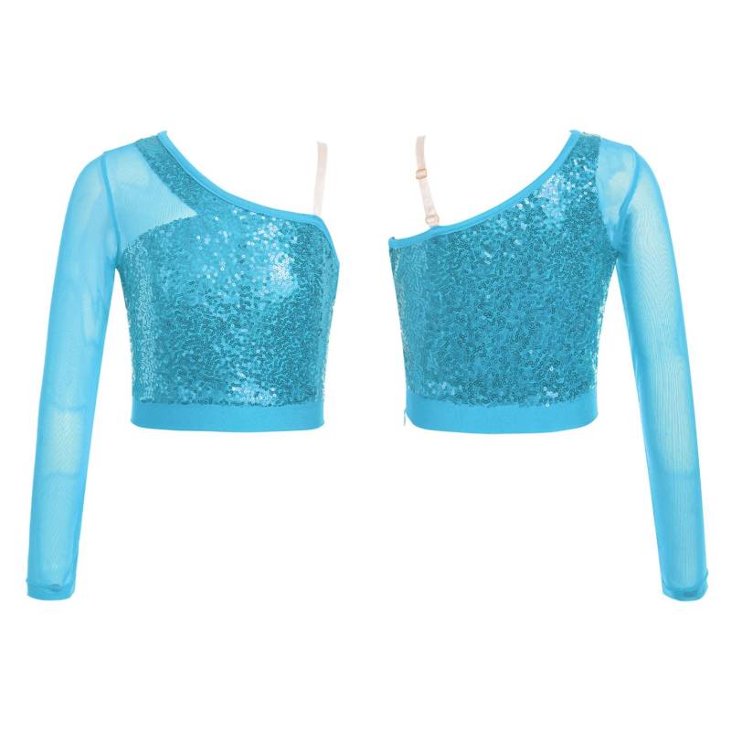 Kinder Mädchen Pailletten Tanz Top Sheer Mesh Langarm Eine Schulter Seitlichem Reißverschluss Crop Top für Bühne Leistung Wettbewerb 11-12 Years von Joom DACH