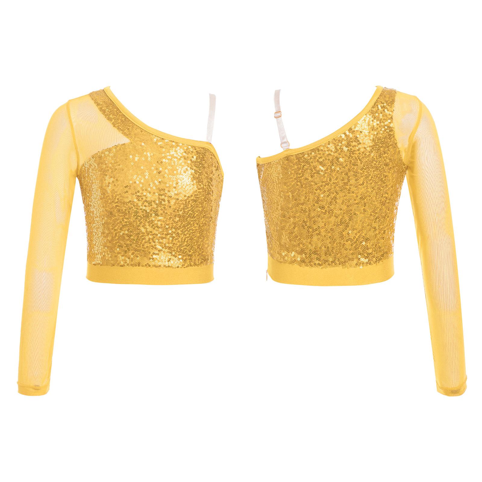 Kinder Mädchen Pailletten Tanz Top Sheer Mesh Langarm Eine Schulter Seitlichem Reißverschluss Crop Top für Bühne Leistung Wettbewerb 15-16 Years gold von Joom DACH