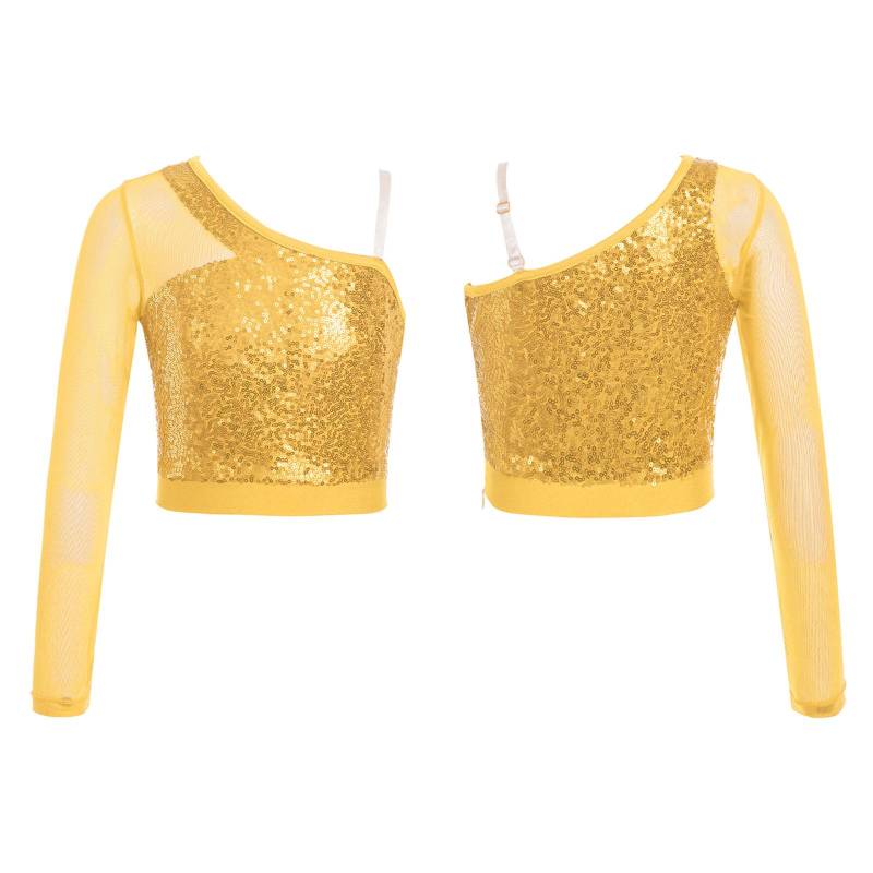 Kinder Mädchen Pailletten Tanz Top Sheer Mesh Langarm Eine Schulter Seitlichem Reißverschluss Crop Top für Bühne Leistung Wettbewerb 15-16 Years gold von Joom DACH