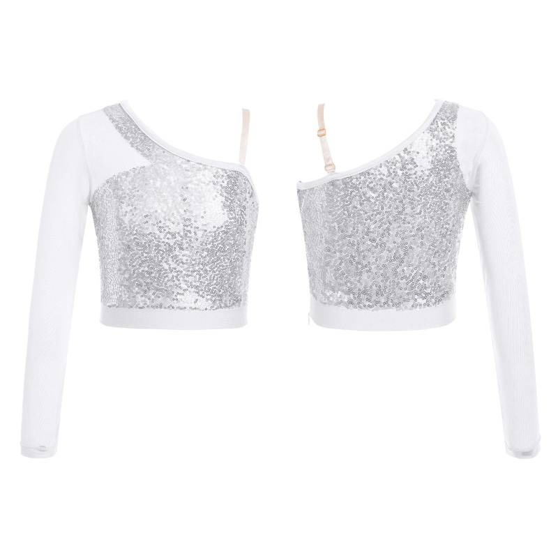Kinder Mädchen Pailletten Tanz Top Sheer Mesh Langarm Eine Schulter Seitlichem Reißverschluss Crop Top für Bühne Leistung Wettbewerb 15-16 Years silber von Joom DACH
