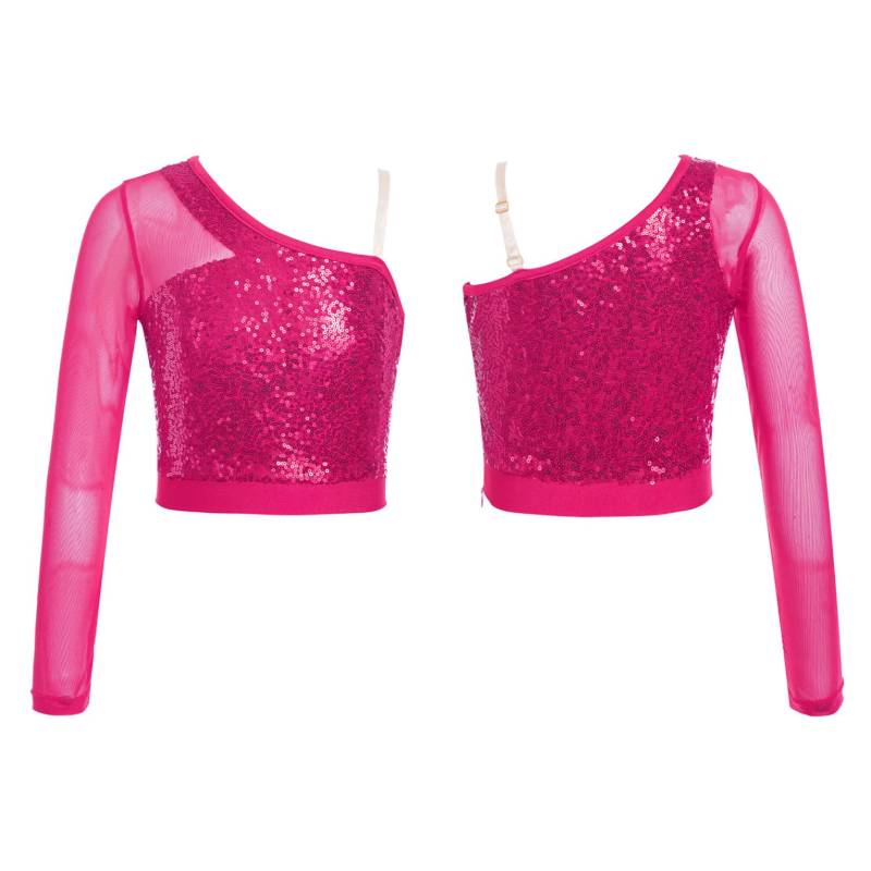 Kinder Mädchen Pailletten Tanz Top Sheer Mesh Langarm Eine Schulter Seitlichem Reißverschluss Crop Top für Bühne Leistung Wettbewerb 5-6 Years von Joom DACH
