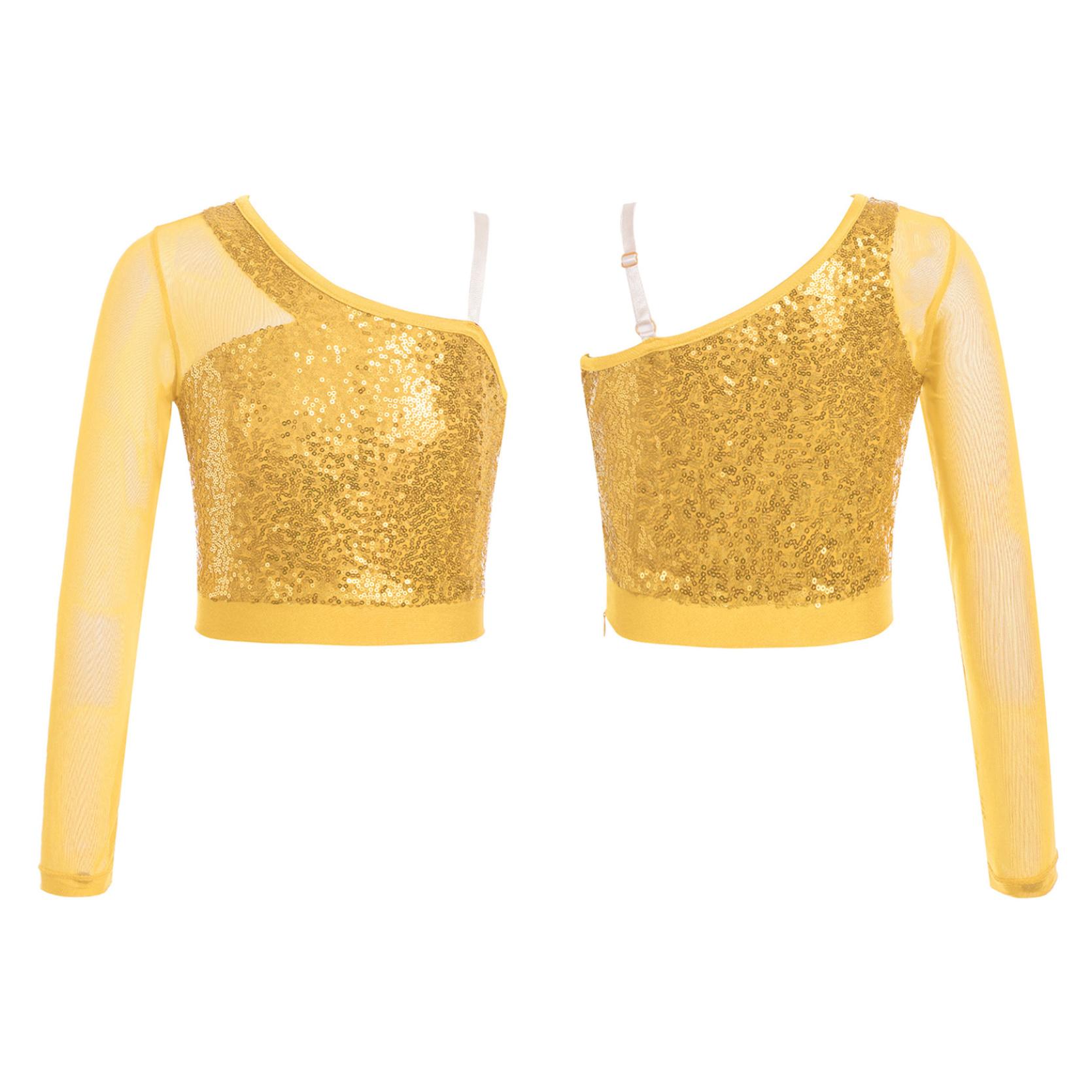 Kinder Mädchen Pailletten Tanz Top Sheer Mesh Langarm Eine Schulter Seitlichem Reißverschluss Crop Top für Bühne Leistung Wettbewerb 9-10 Years gold von Joom DACH