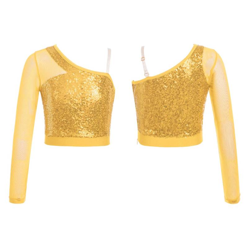 Kinder Mädchen Pailletten Tanz Top Sheer Mesh Langarm Eine Schulter Seitlichem Reißverschluss Crop Top für Bühne Leistung Wettbewerb 9-10 Years gold von Joom DACH