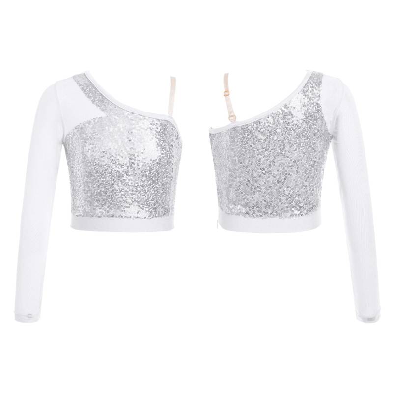 Kinder Mädchen Pailletten Tanz Top Sheer Mesh Langarm Eine Schulter Seitlichem Reißverschluss Crop Top für Bühne Leistung Wettbewerb 9-10 Years von Joom DACH