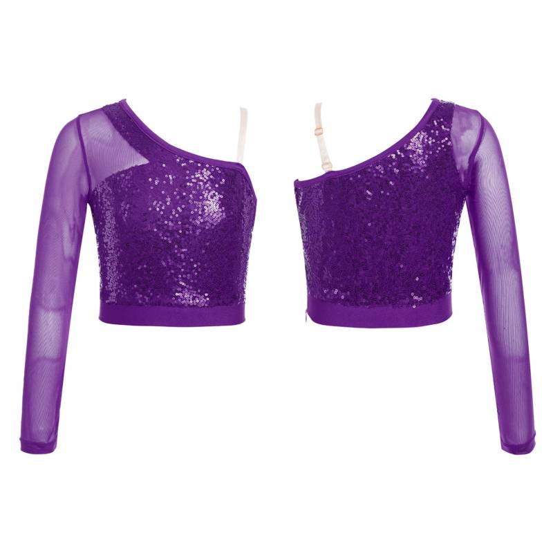 Kinder Mädchen Pailletten Tanz Top Sheer Mesh Langarm Eine Schulter Seitlichem Reißverschluss Crop Top für Bühne Leistung Wettbewerb 9-10 Years violett von Joom DACH