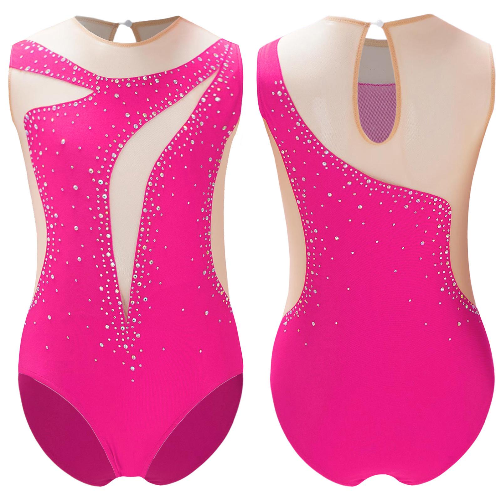 Kinder Mädchen Patchwork Tanztrikot Eiskunstlauf Performance Kostüm Glänzender Strass Trikot Transparenter Netz-Body 13-14 Years heißes rosa von Joom DACH