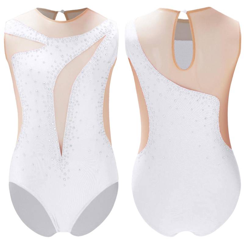 Kinder Mädchen Patchwork Tanztrikot Eiskunstlauf Performance Kostüm Glänzender Strass Trikot Transparenter Netz-Body 15-16 Years weiß von Joom DACH