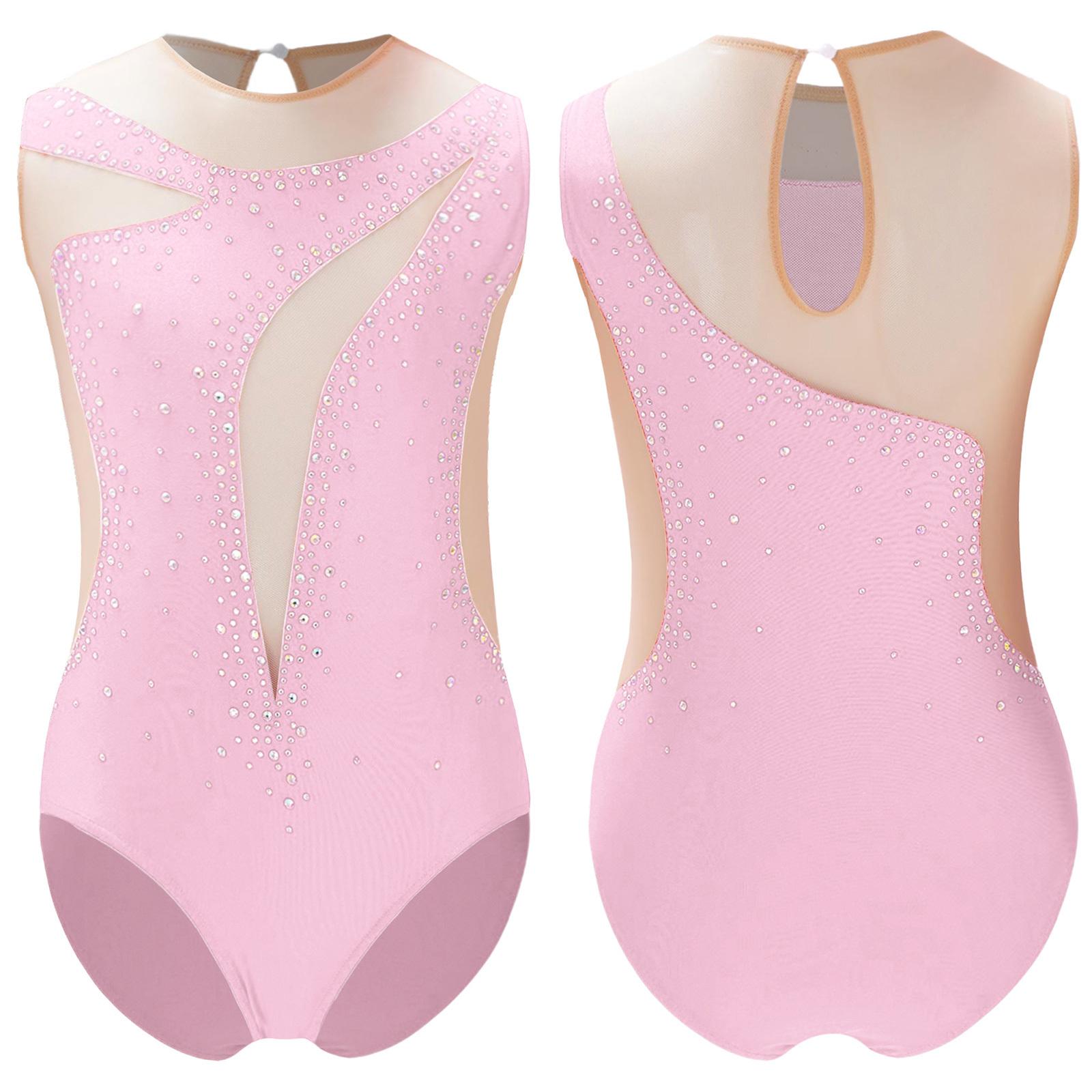 Kinder Mädchen Patchwork Tanztrikot Eiskunstlauf Performance Kostüm Glänzender Strass Trikot Transparenter Netz-Body 7-8 Years rosa von Joom DACH