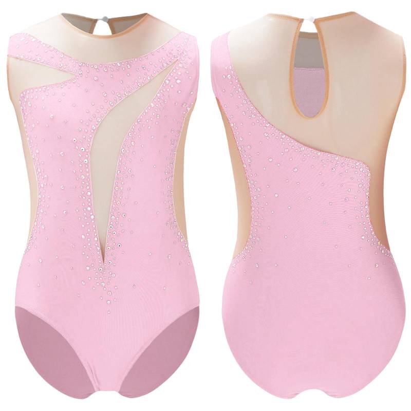Kinder Mädchen Patchwork Tanztrikot Eiskunstlauf Performance Kostüm Glänzender Strass Trikot Transparenter Netz-Body 7-8 Years rosa von Joom DACH