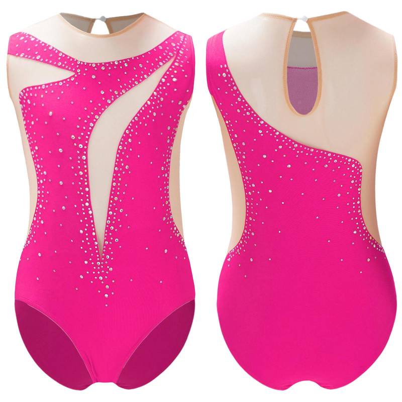 Kinder Mädchen Patchwork Tanztrikot Eiskunstlauf Performance Kostüm Glänzender Strass Trikot Transparenter Netz-Body 7-8 Years heißes rosa von Joom DACH