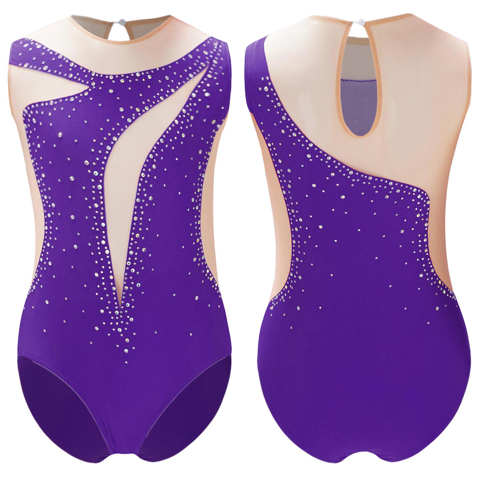 Kinder Mädchen Patchwork Tanztrikot Eiskunstlauf Performance Kostüm Glänzender Strass Trikot Transparenter Netz-Body 9-10 Years violett von Joom DACH