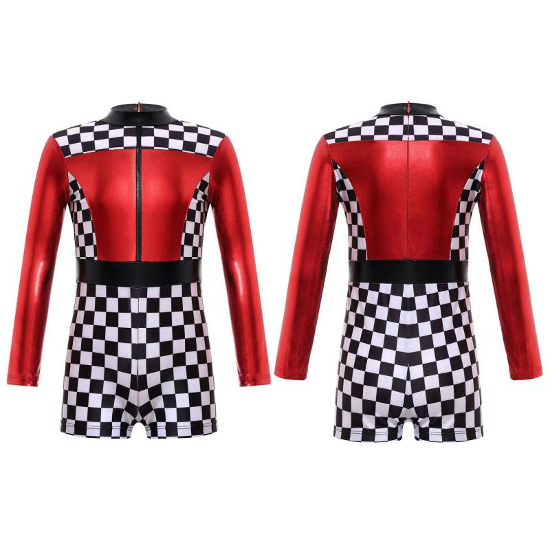 Kinder Mädchen Rennfahrer Kostüm Racing Cosplay Outfit Halloween Dress Up Schachbrettmuster Racer Overall 5-6 Years rot von Joom DACH