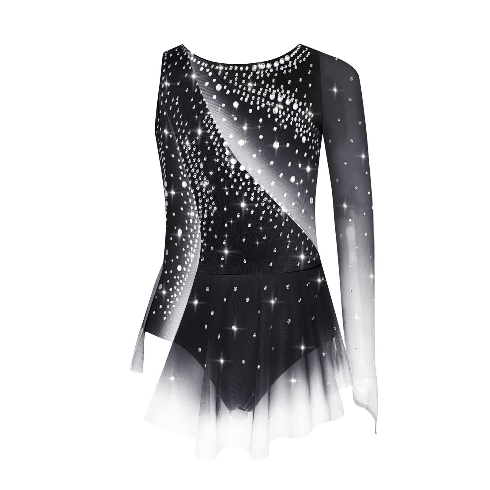 Kinder Mädchen Rhythmische Gymnastik Kleid Rundhalsausschnitt Asymmetrischer Schlitz Glänzende Strasssteine Kontrastfarbiger Rock 11-12 Years schwarz von Joom DACH