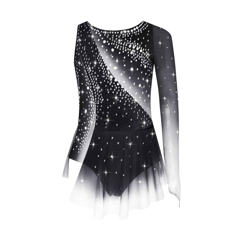 Kinder Mädchen Rhythmische Gymnastik Kleid Rundhalsausschnitt Asymmetrischer Schlitz Glänzende Strasssteine Kontrastfarbiger Rock 11-12 Years schwarz von Joom DACH