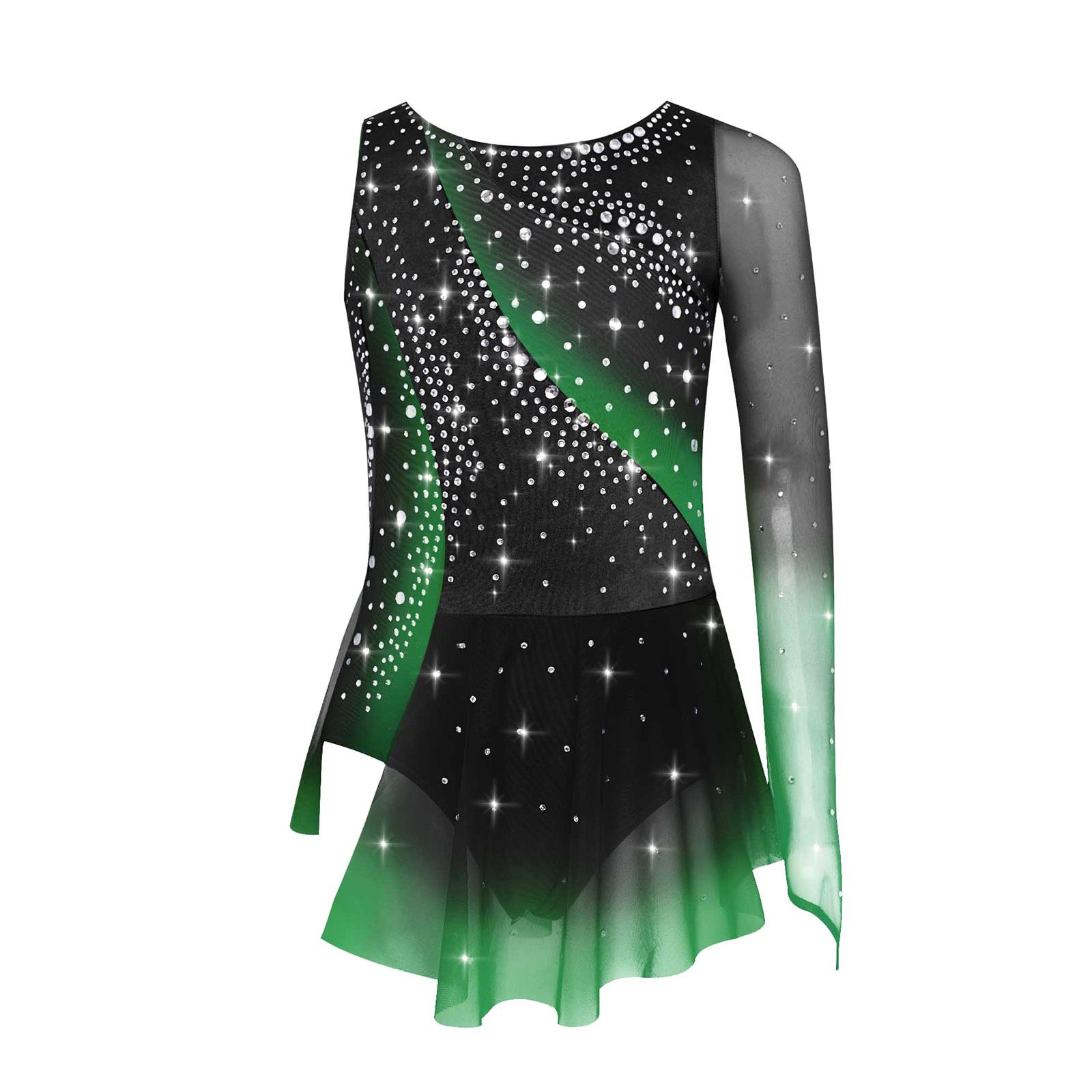 Kinder Mädchen Rhythmische Gymnastik Kleid Rundhalsausschnitt Asymmetrischer Schlitz Glänzende Strasssteine Kontrastfarbiger Rock 9-10 Years dunkelgrüne von Joom DACH