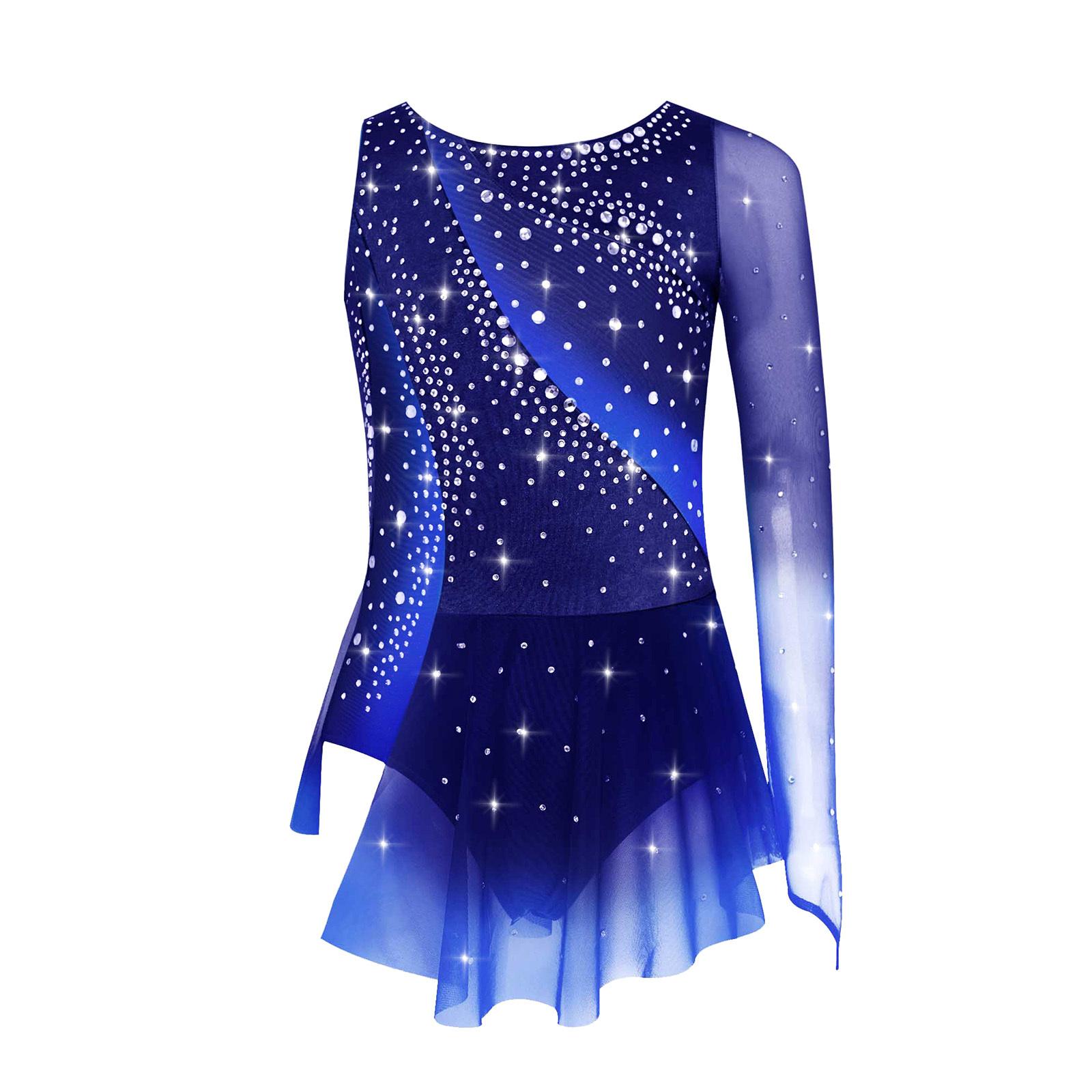Kinder Mädchen Rhythmische Gymnastik Kleid Rundhalsausschnitt Asymmetrischer Schlitz Glänzende Strasssteine Kontrastfarbiger Rock 9-10 Years navy blau von Joom DACH