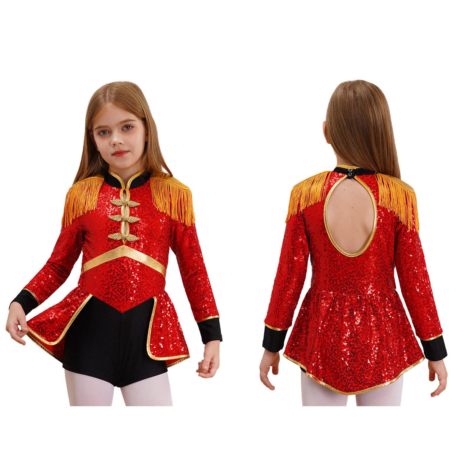 Kinder Mädchen Ringmaster Zirkus Zauberer Schlagzeuger Cosplay Kostüm Pailletten Body Punk Gothic Jacke Halloween Karneval Thema Party 5-6 Years rot von Joom DACH