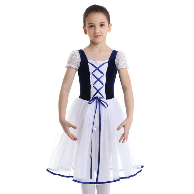Kinder Mädchen Samt Mesh Spitzen Kurze Blase Ärmel Ballett Tanz Gymnastik Trikot Quadratischen Ausschnitt Tutu Kleid 10-12 Years navy blau von Joom DACH