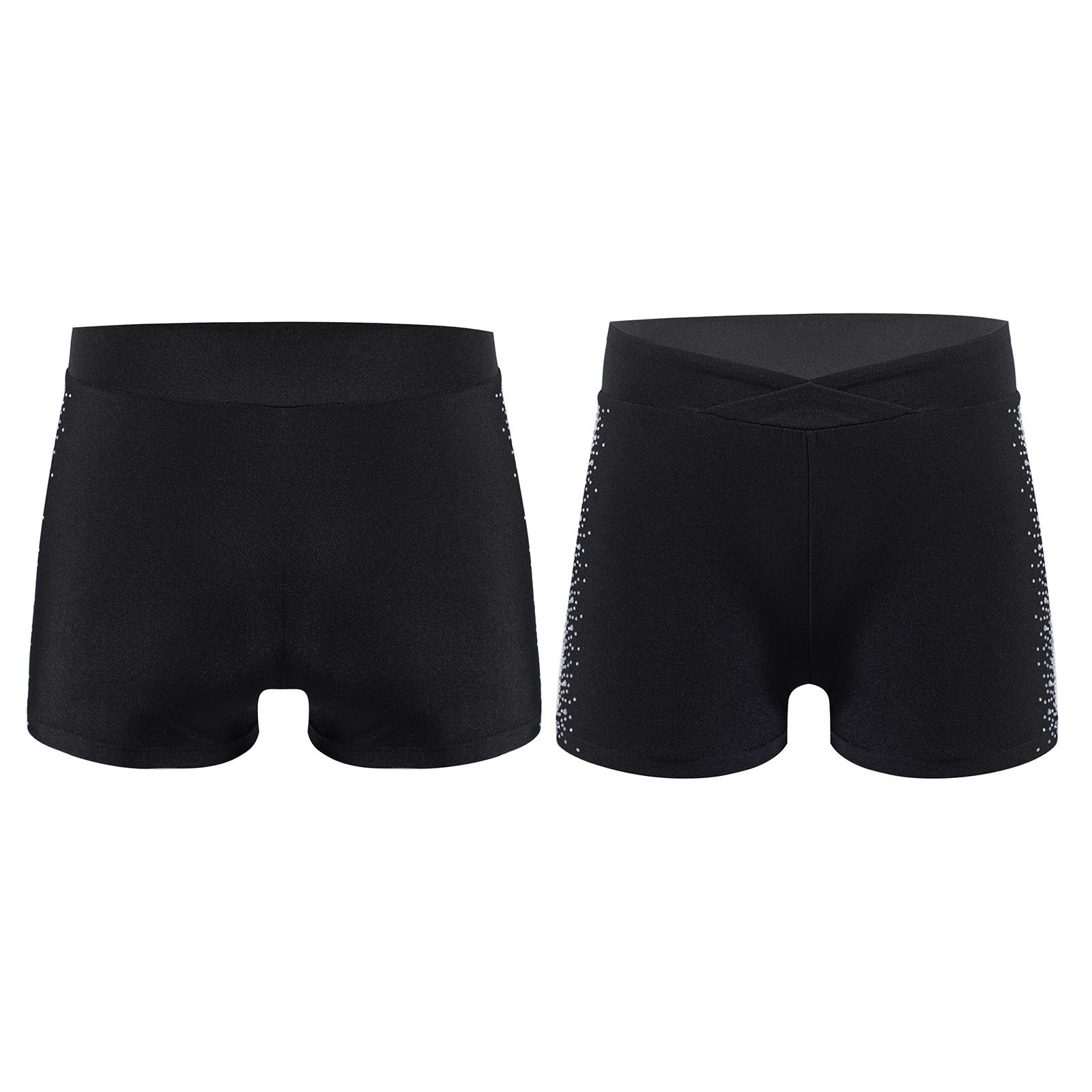 Kinder Mädchen Shorts mit glitzernden Strasssteinen, V-Front-Gummibund, kurze Leggings für Eiskunstlauf, Tanzen, Gymnastik 9-10 Years schwarz von Joom DACH