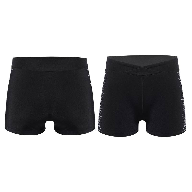 Kinder Mädchen Shorts mit glitzernden Strasssteinen, V-Front-Gummibund, kurze Leggings für Eiskunstlauf, Tanzen, Gymnastik 9-10 Years schwarz von Joom DACH