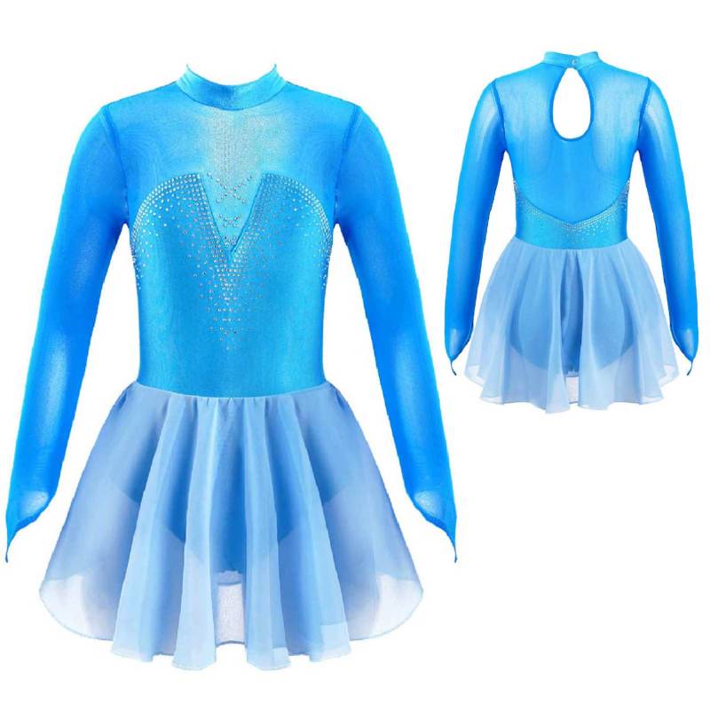 Kinder Mädchen Sparkle Mesh Splice Eiskunstlauf Kleid Gymnastik Tanz Trikot Tutu Rock Performance Dancewear 7-8 Years blau von Joom DACH