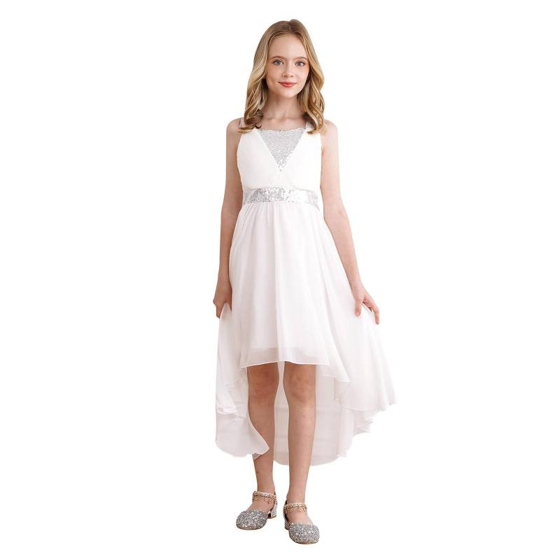 Kinder Mädchen Spitze Chiffon Hochzeit Brautjungfer Kleid Ärmelloses Formales Party Abendkleid Kinder Ballkleid 13-14 Years silber von Joom DACH