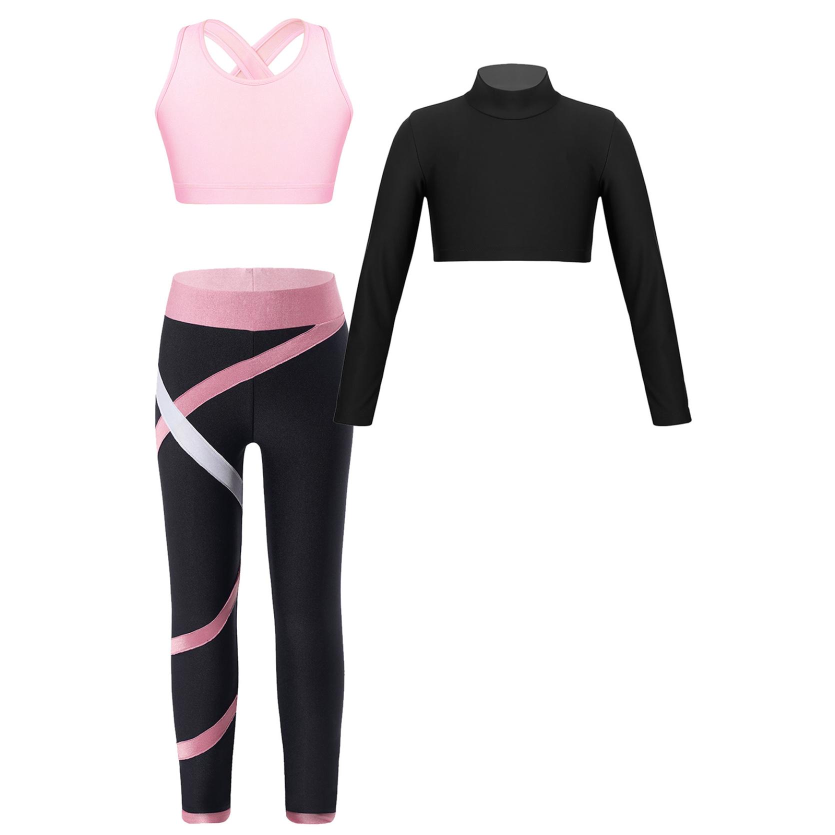 Kinder Mädchen Sport Tanz Gymnastik Crop Top mit sportlichen Leggings Set 3-teiliges Gym Yoga Workout Outfits 5-6 Years rosa von Joom DACH