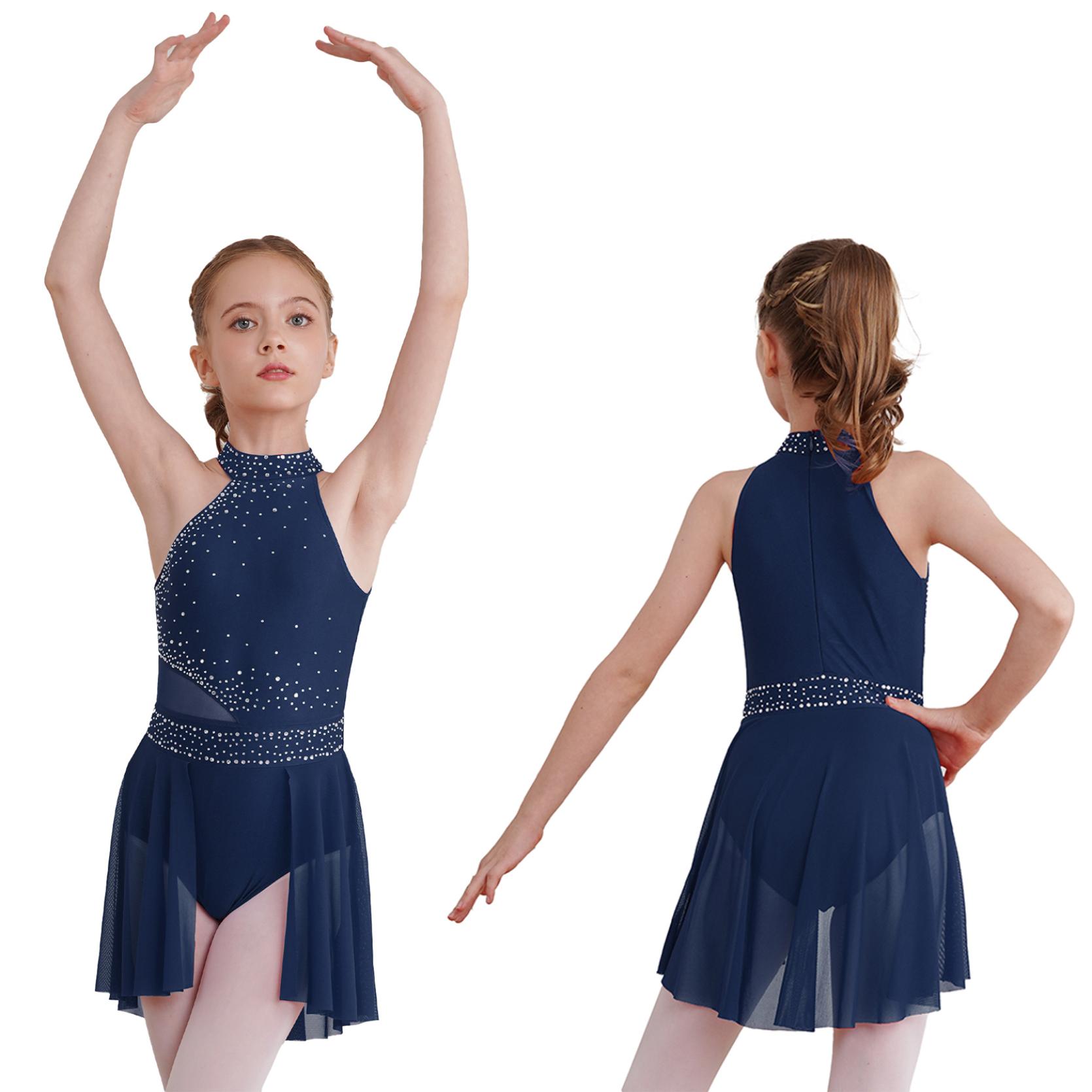 Kinder Mädchen Strass Ärmelloses Mock Neck Rollschuhkleid Gymnastik Trikot Ballett Tanz Rock 11-12 Years navy blau von Joom DACH