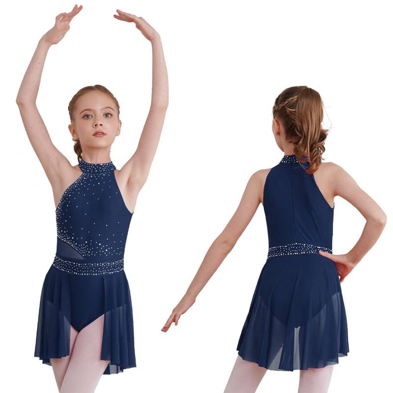 Kinder Mädchen Strass Ärmelloses Mock Neck Rollschuhkleid Gymnastik Trikot Ballett Tanz Rock 11-12 Years navy blau von Joom DACH