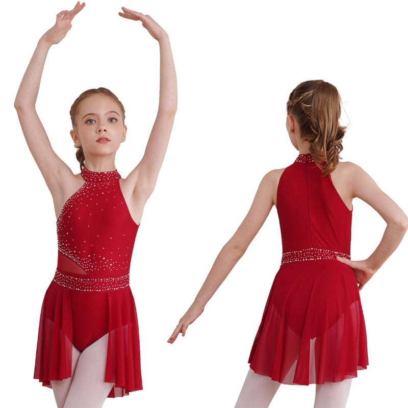 Kinder Mädchen Strass Ärmelloses Mock Neck Rollschuhkleid Gymnastik Trikot Ballett Tanz Rock 9-10 Years bordeaux von Joom DACH