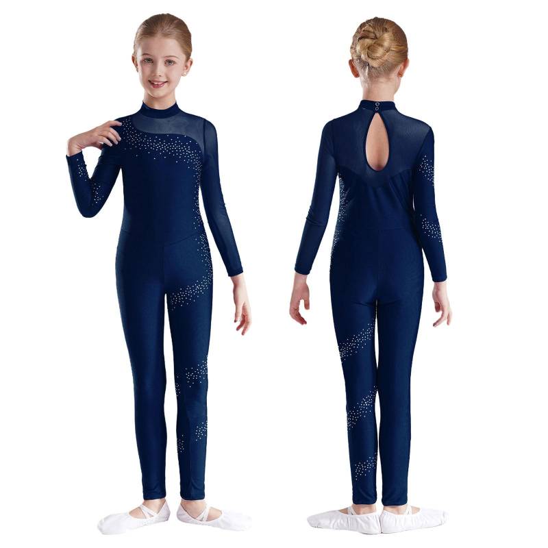 Kinder Mädchen Strass Langarm Ganzkörper Jumpsuit Strampler Turnanzug Unitard für Ballett Tanz Gymnastik 5-6 Years navy blau von Joom DACH