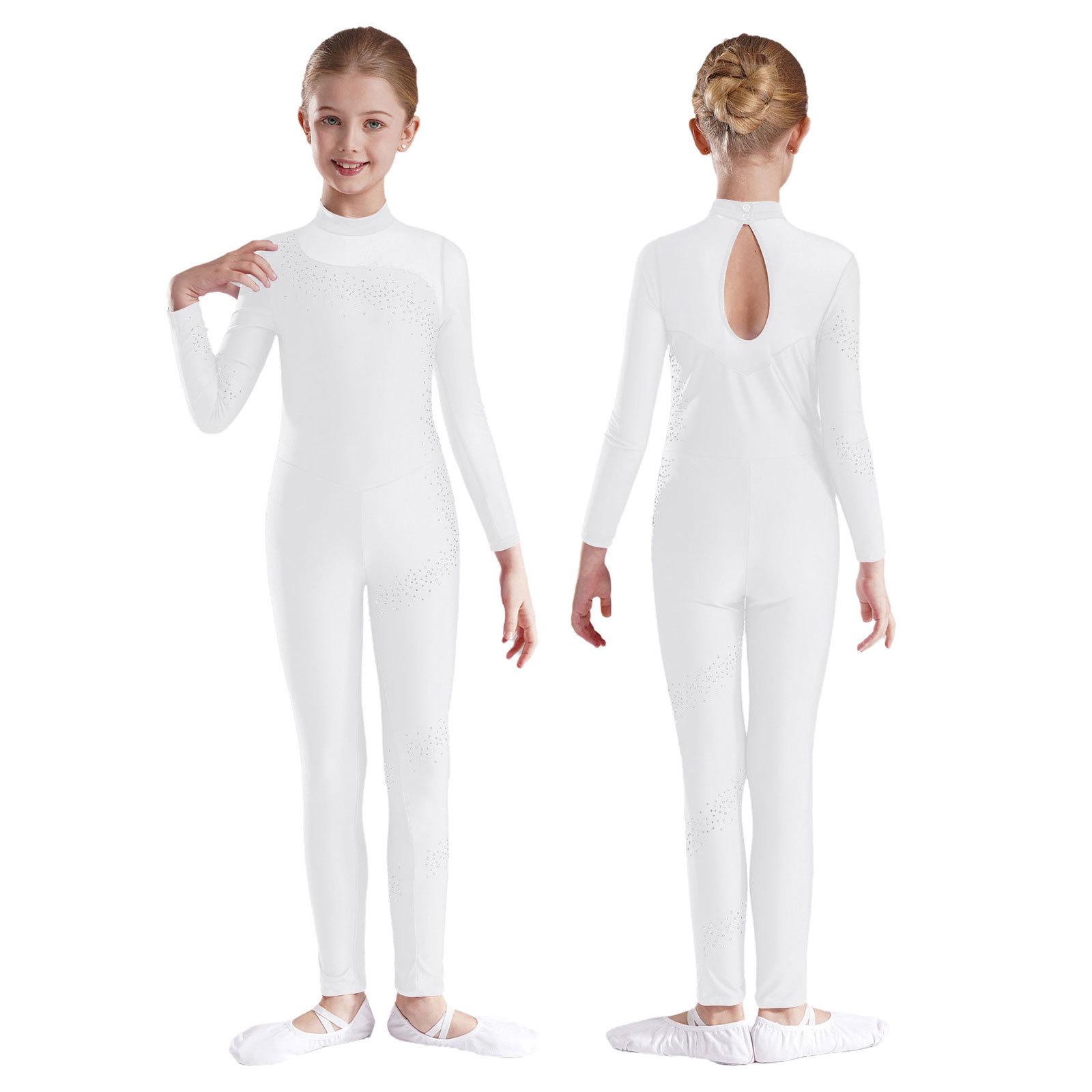 Kinder Mädchen Strass Langarm Ganzkörper Jumpsuit Strampler Turnanzug Unitard für Ballett Tanz Gymnastik 5-6 Years weiß von Joom DACH