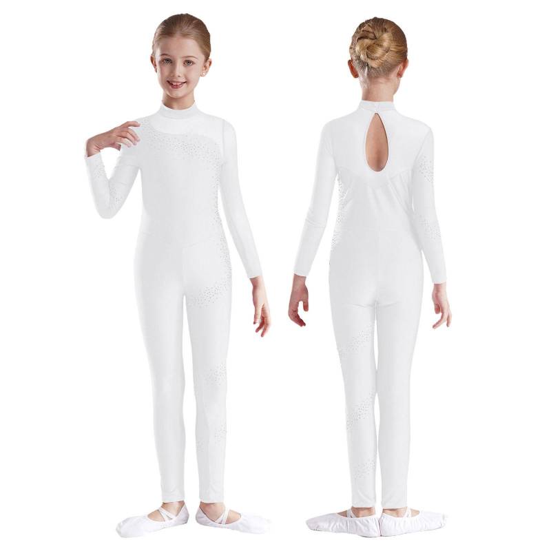 Kinder Mädchen Strass Langarm Ganzkörper Jumpsuit Strampler Turnanzug Unitard für Ballett Tanz Gymnastik 5-6 Years weiß von Joom DACH