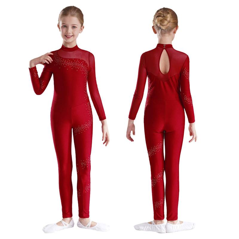 Kinder Mädchen Strass Langarm Ganzkörper Jumpsuit Strampler Turnanzug Unitard für Ballett Tanz Gymnastik 7-8 Years bordeaux von Joom DACH