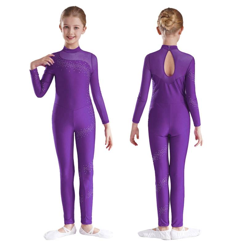 Kinder Mädchen Strass Langarm Ganzkörper Jumpsuit Strampler Turnanzug Unitard für Ballett Tanz Gymnastik 7-8 Years violett von Joom DACH