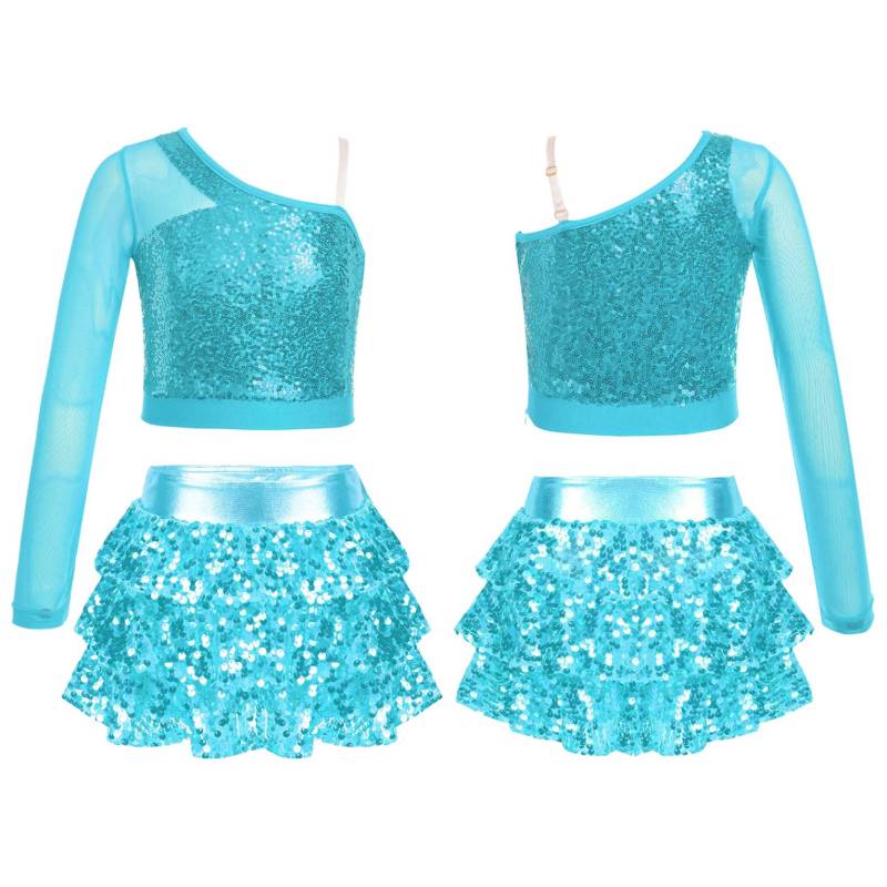 Kinder-Mädchen-Tanz-Bühnenkostüm, glitzerndes Pailletten-Langarm-Oberteil mit einer Schulter und abgestuften Shorts mit Rüschenrock 13-14 Years von Joom DACH